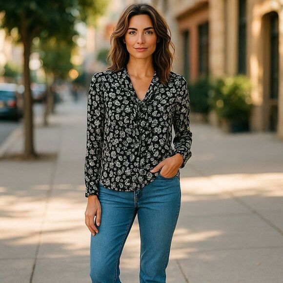 Charter Club Women's Floral V-Neck Blouse Petites M Long Sleeve - Picture 4 of 6